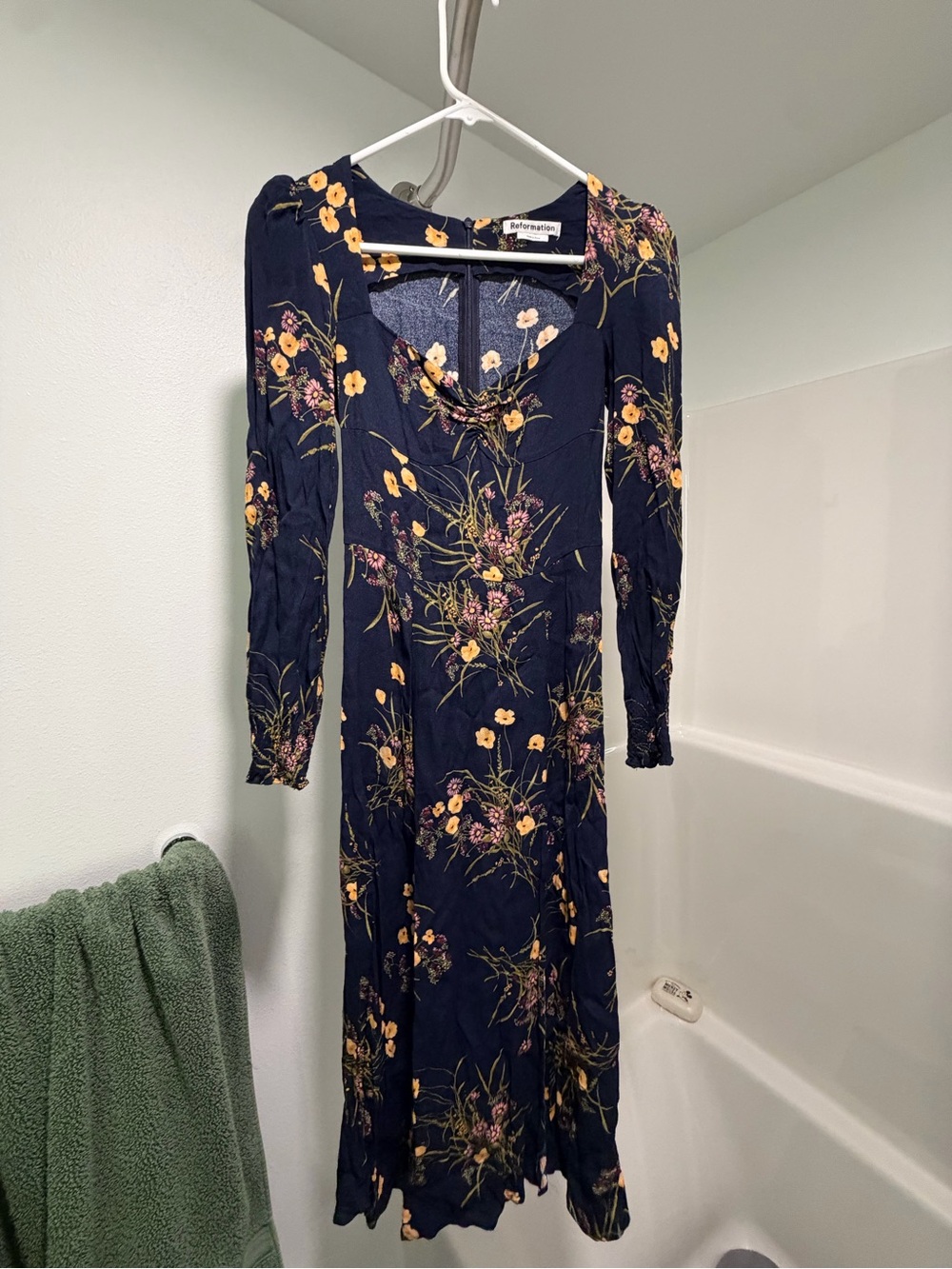 Reformation Navy Floral Long-Sleeve Midi Dress